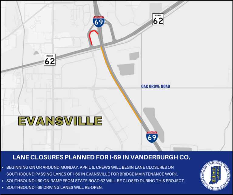 Lane closures planned for I-69 in Vanderburgh County