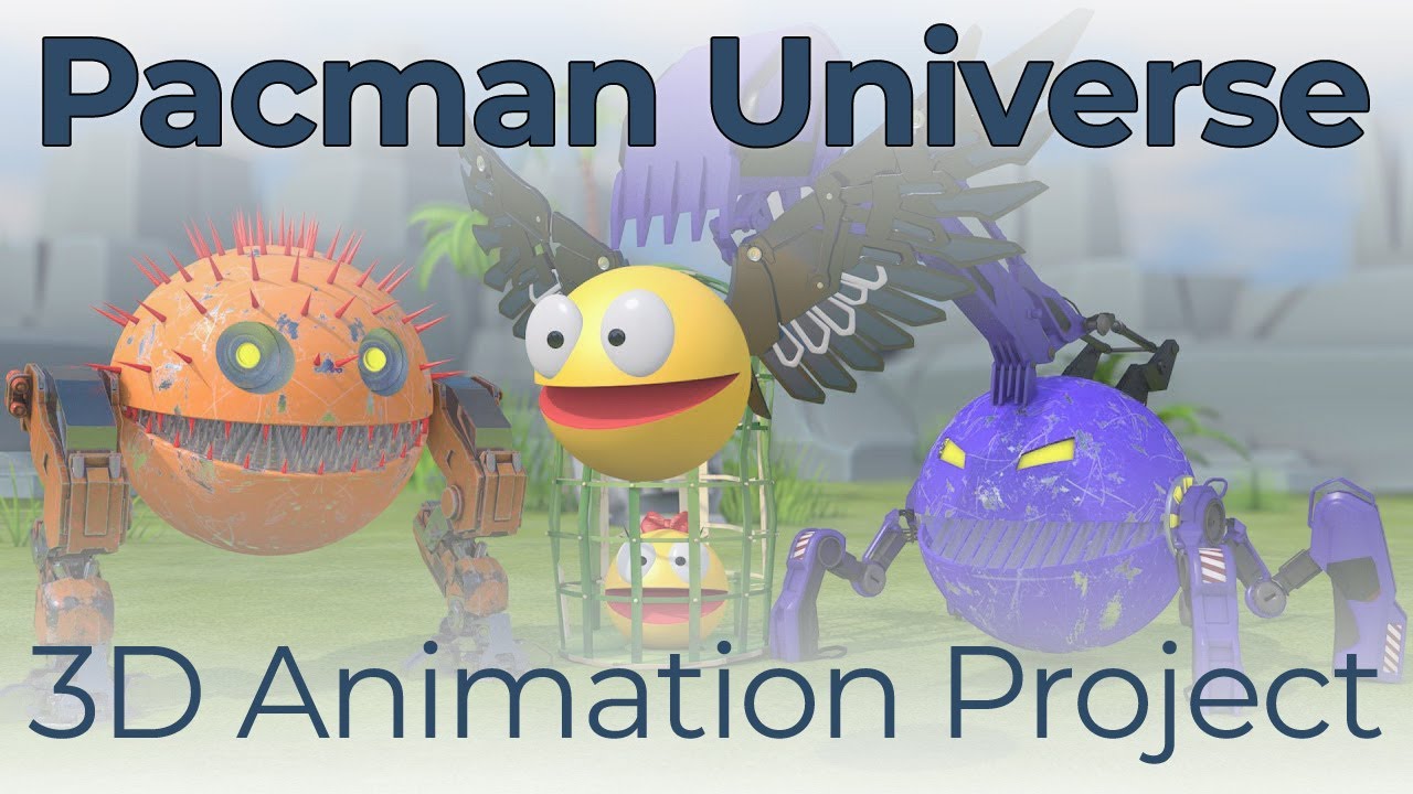 Pacman vs blue excavator robot and walking combat robot monsters