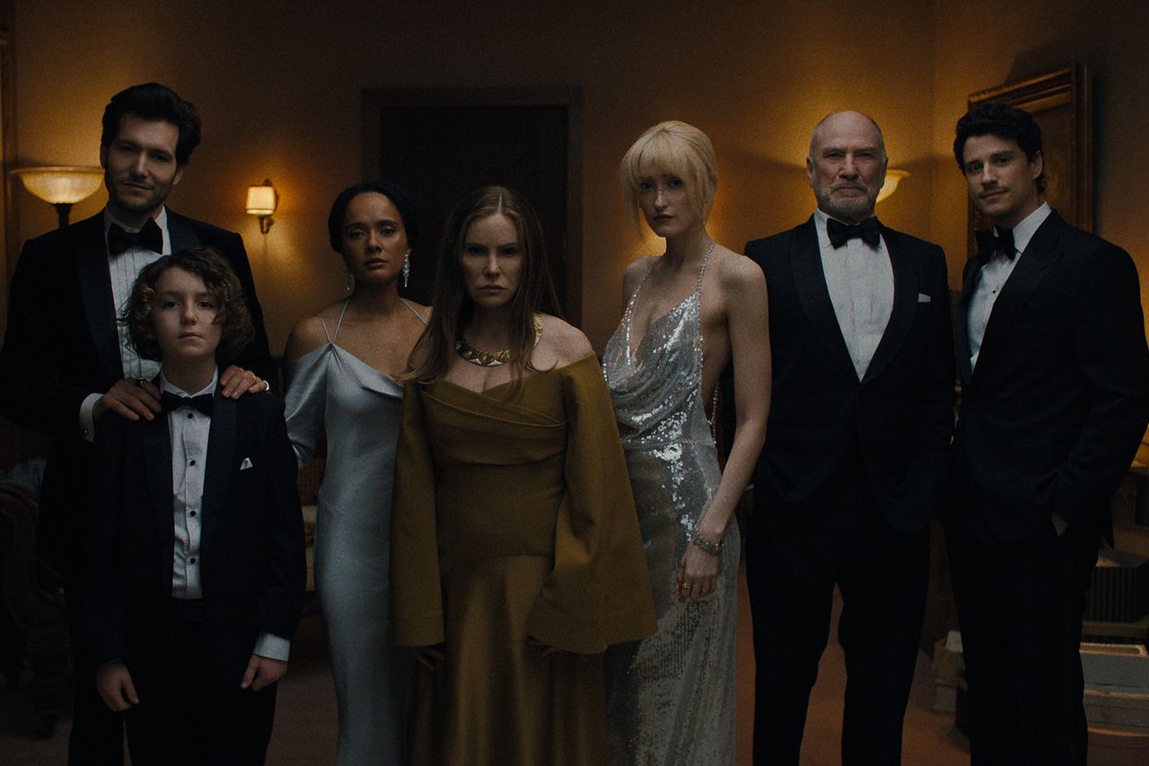 (L to R) Jeff Wilbusch as Jules, Sawyer Fraser as Jude, Karla Crome as Nell, Jennifer Jason Leigh as Victoria, Gus Birney as Portia, Ted Levine as Boris, and Adam DiMarco as Nicky on 'Something Very Bad Is Going to Happen' Credit: Netflix