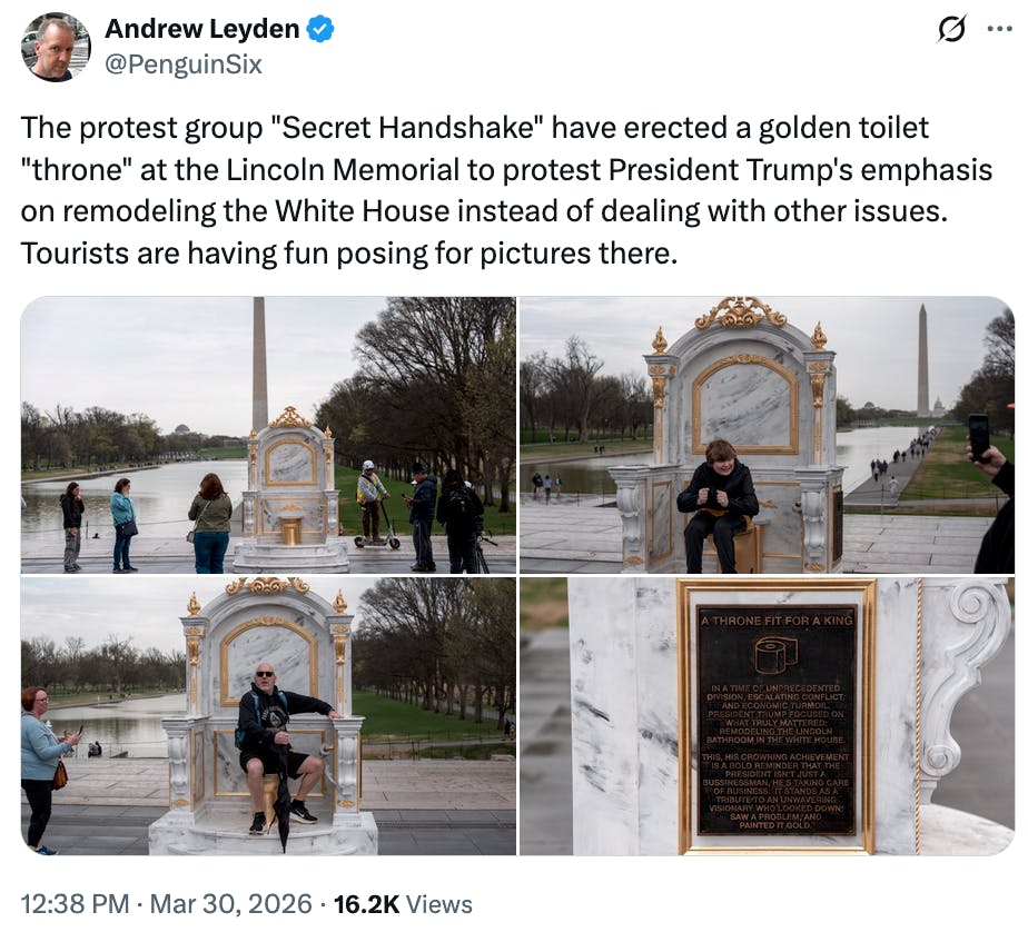 Golden toilet throne mocking Trump appears on National Mall