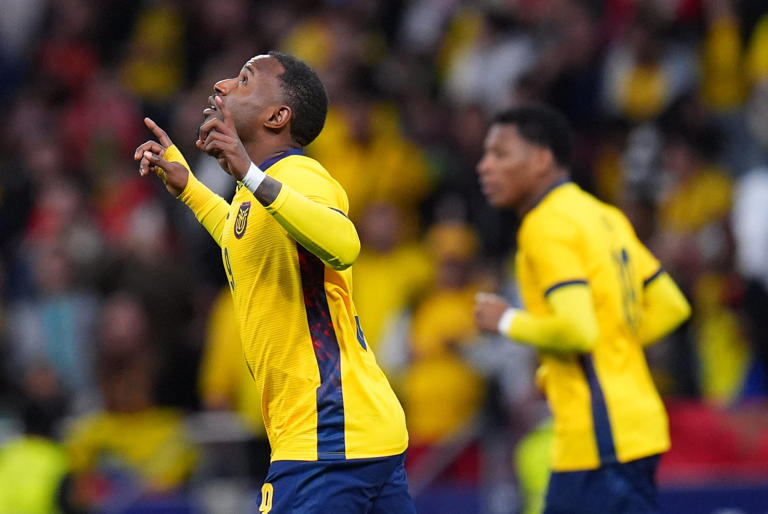 Ecuador's John Jeboah celebrates after scoring during a friendly soccer match between Morocco and Ecuador in Madrid, Spain, Friday, March 27, 2026. (AP Photo/Manu Fernandez)