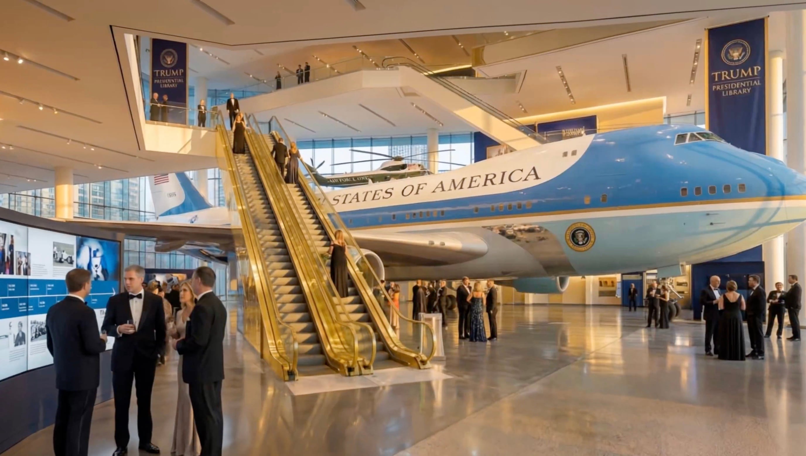 Donald Trump's Presidential Library comes with gold escalators and airplanes. / screen grab