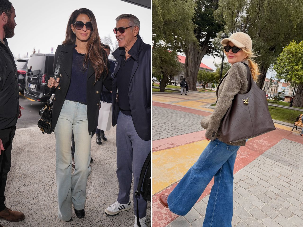 Amal Clooney walking with a companion outdoors two images shown sidebyside
