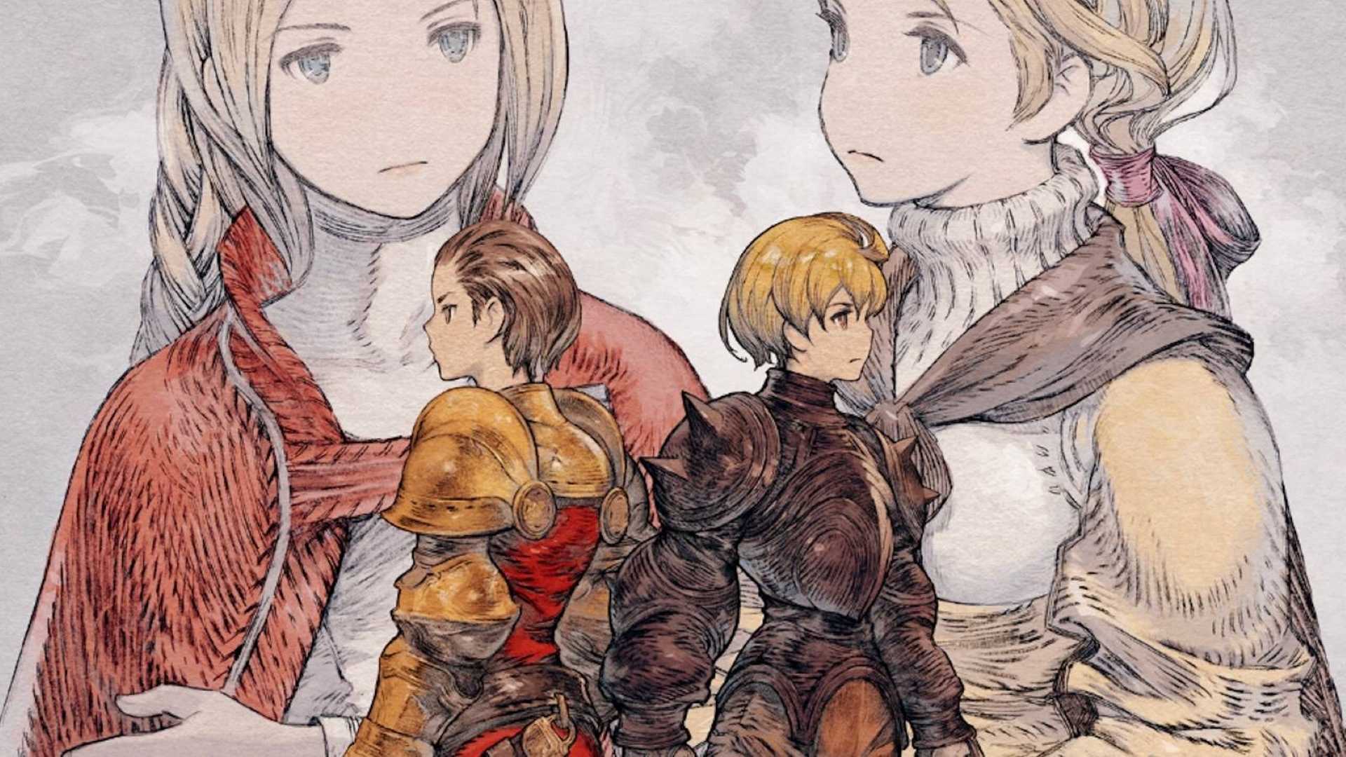 Final Fantasy Tactics The Ivalice Chronicles Key Art showing Delita and Ramza standing back to back, with their sisters looking on at them