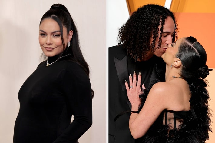 Left: Vanessa Hudgens, pregnant, on a red carpet. Right: Vanessa kissing Cole Tucker at an event