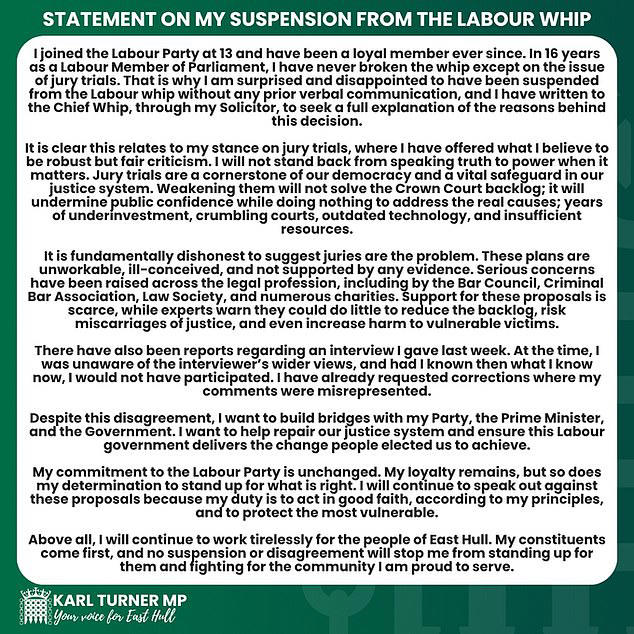 Labour suspends MP Karl Turner for criticising plan to limit trial by jury