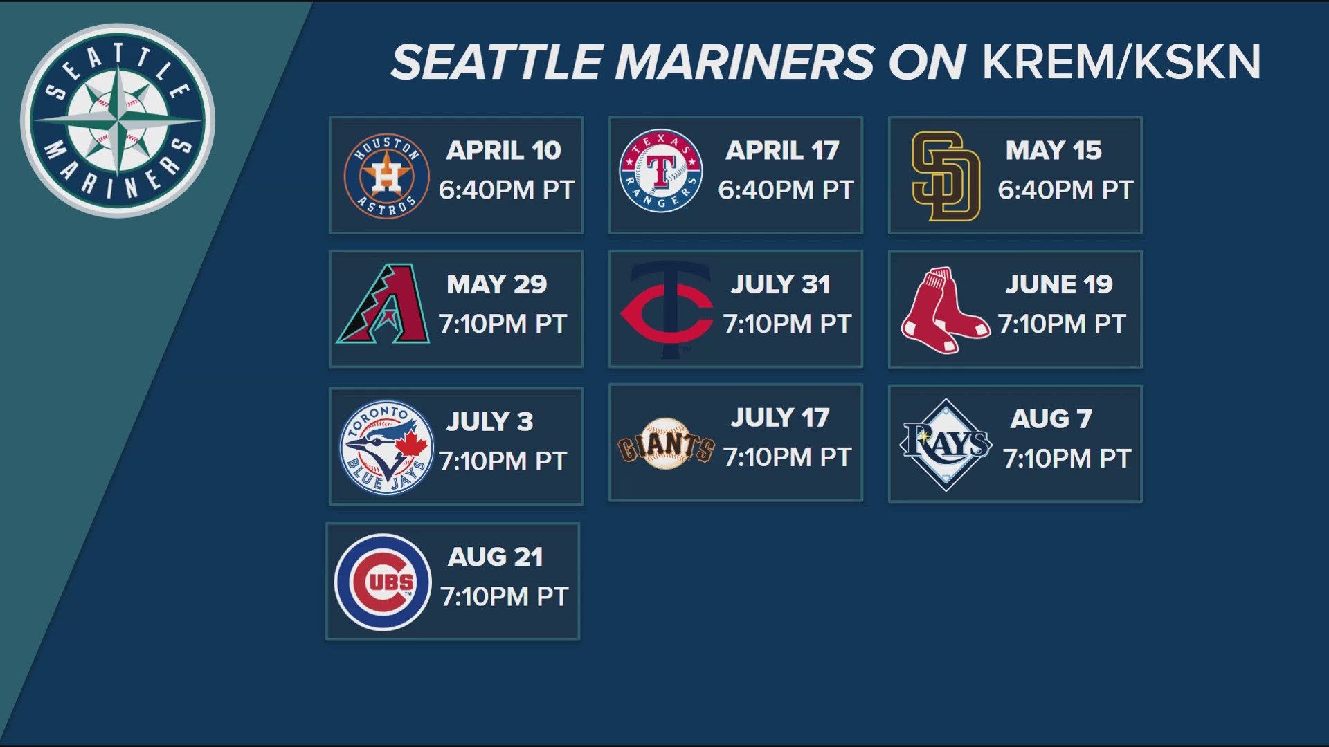 KREM 2 News, KSKN 22 The Spot, Quest airing 10 Seattle Mariners games ...
