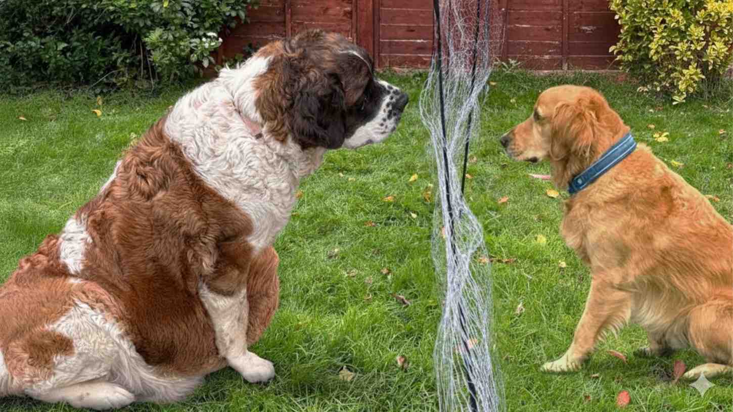 A pregnant rescue dog meets a calm golden retriever