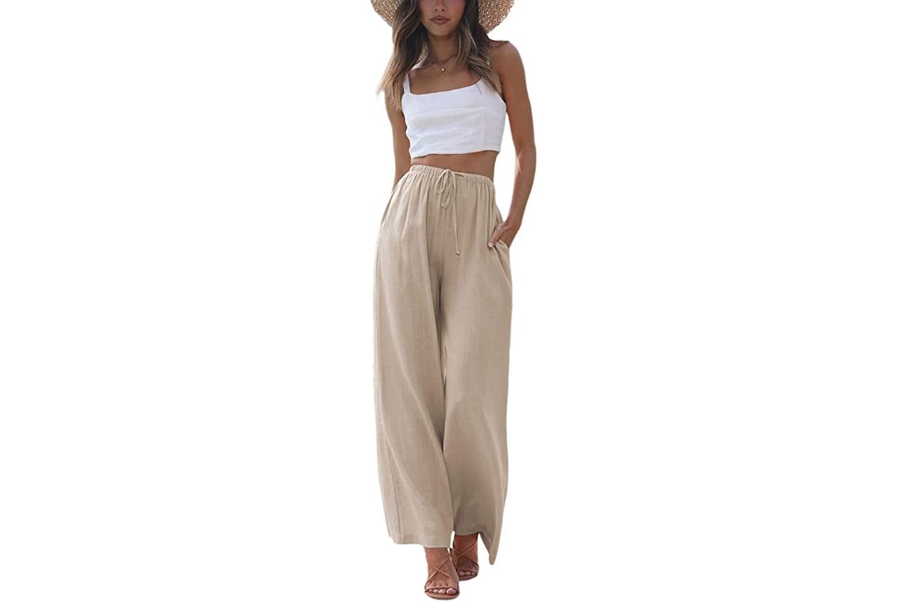 Amazon Faleave Women's Cotton Linen Summer Palazzo Pants Flowy Wide Leg Beach Trousers with Pockets