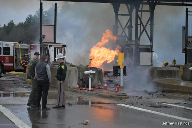NH highway shut down after fiery crash at toll booth, driver seriously hurt