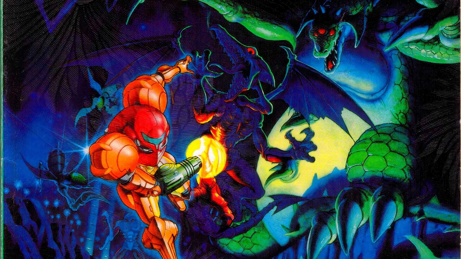 Super Metroid key art showing Samus firing off her cannon at Space Pirate Ridley who's charging at her