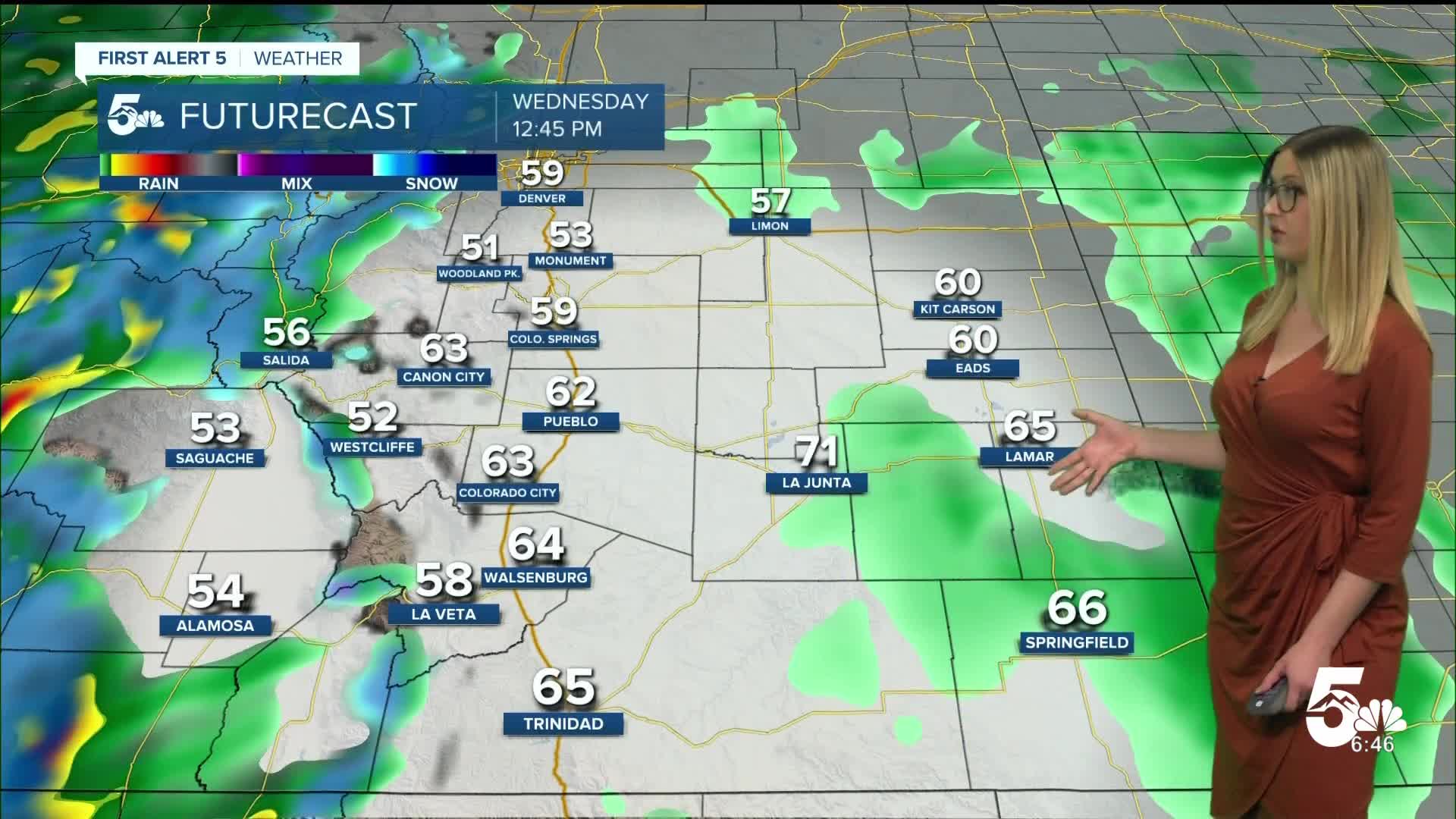 Mountain snow and spotty plains thunderstorms on Wednesday