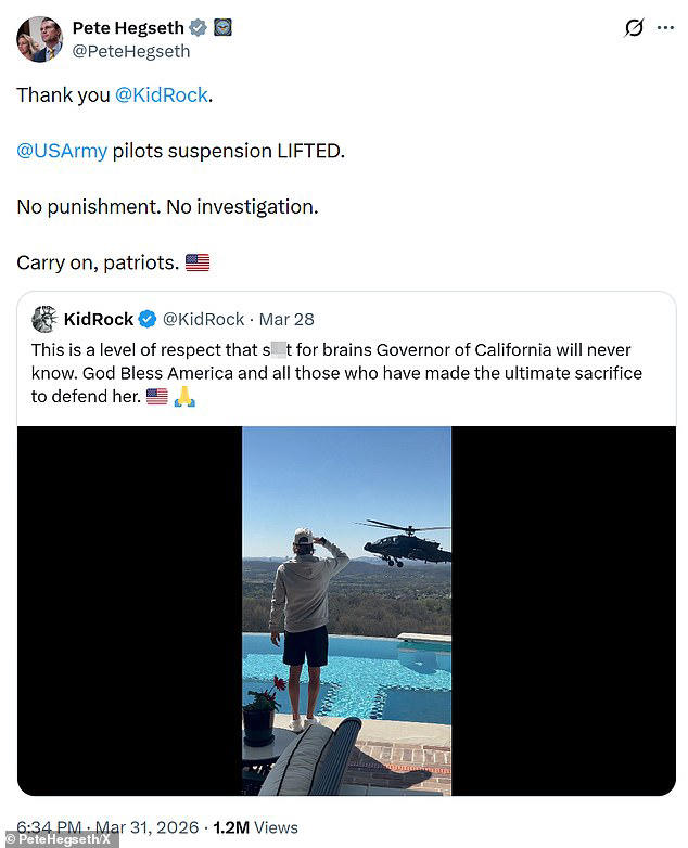 US Army lifts suspension of helicopter crew that did flyby at Kid Rock's White House replica mansion