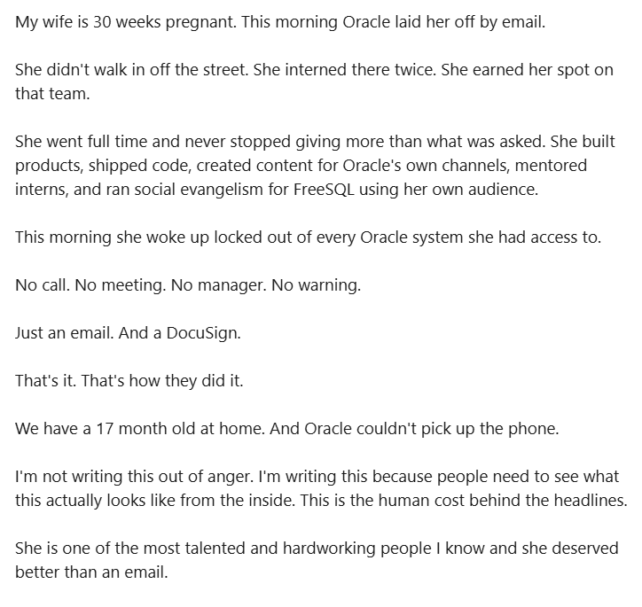 Pregnant Oracle employee laid off in 6 am email: 'No call. No meeting ...