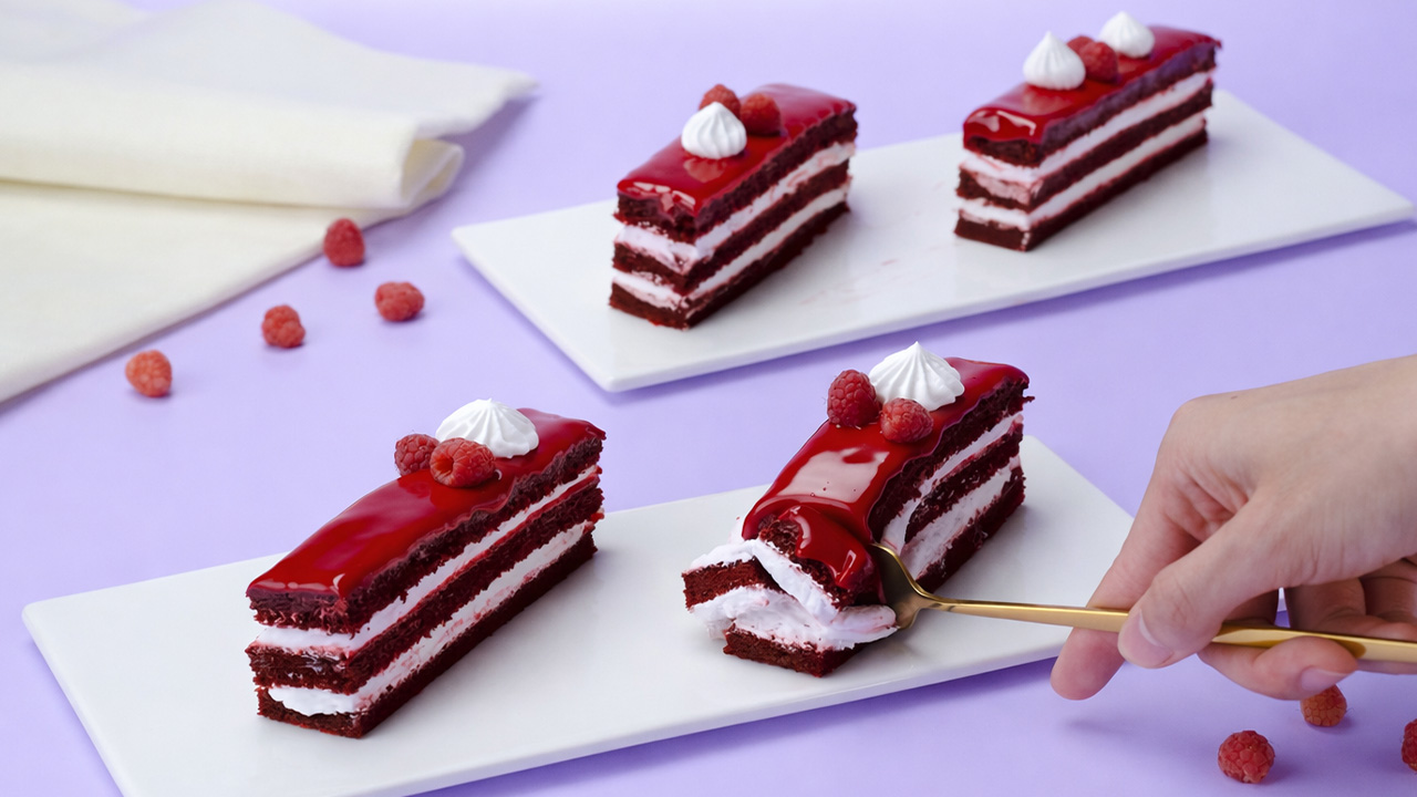 Simple homemade red velvet cake with raspberry glaze