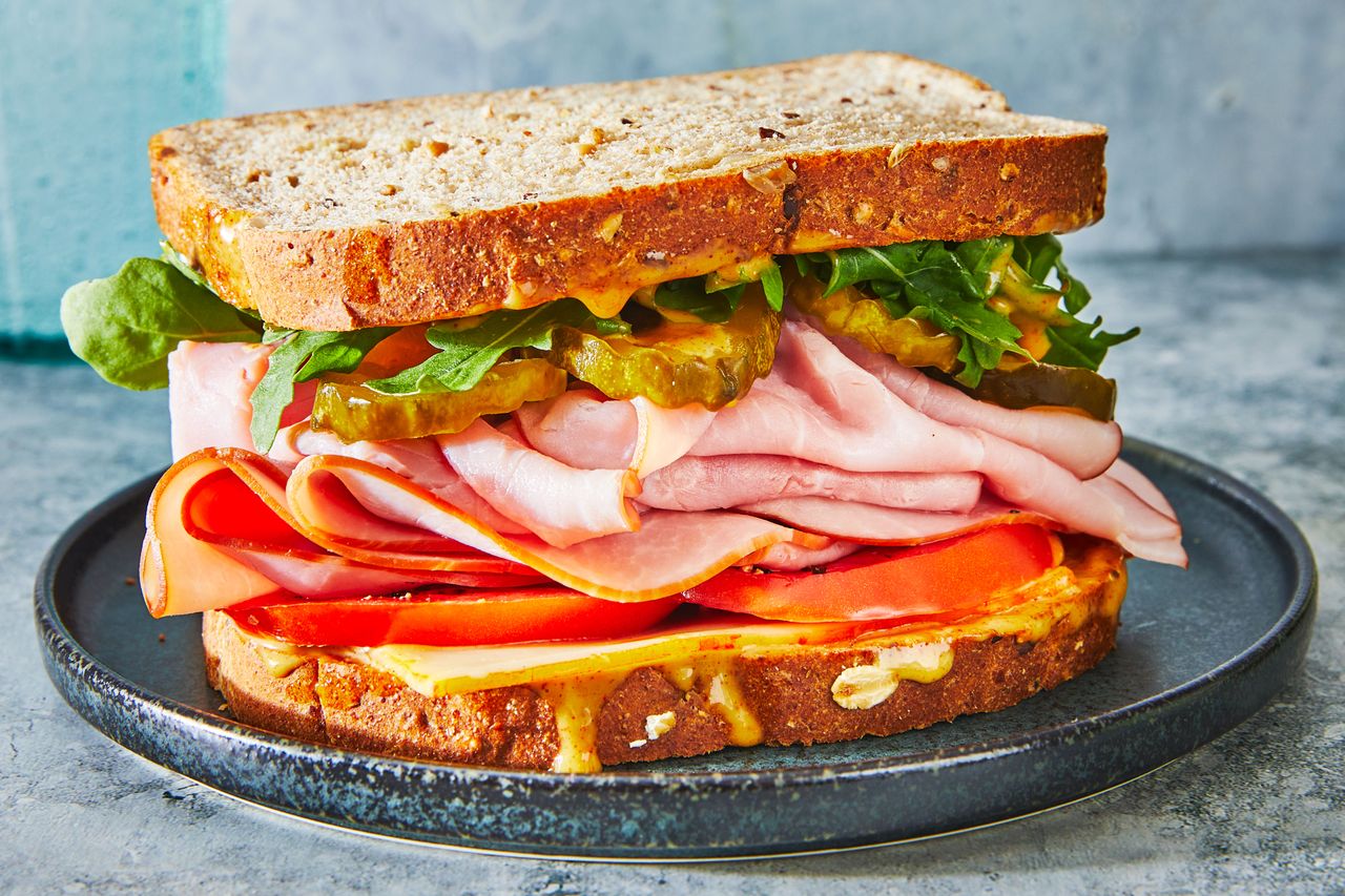 Southern Living Ham Sandwich on a blue plate
