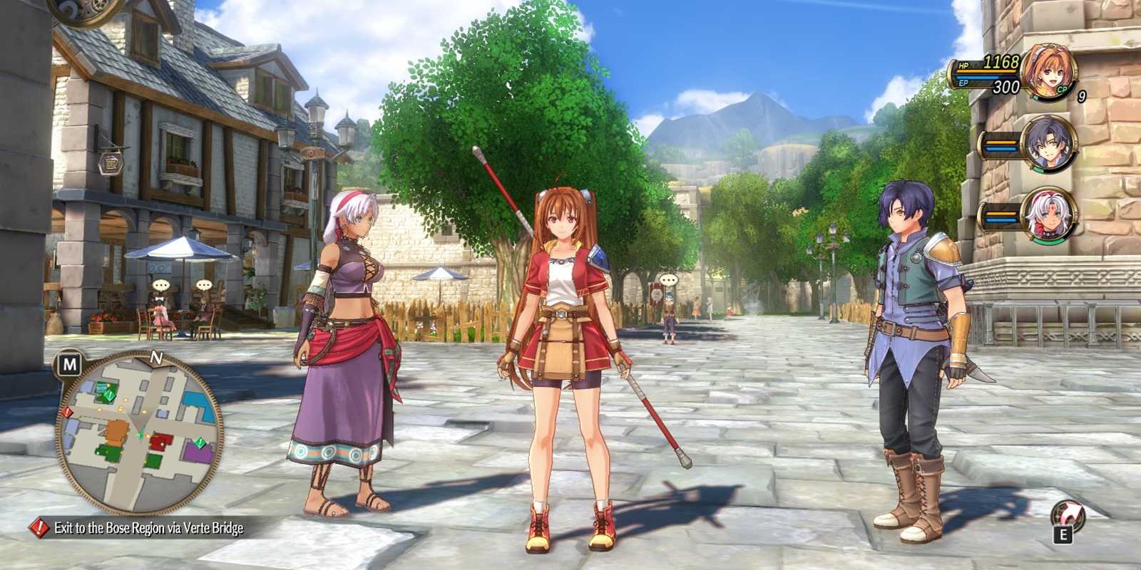 Estelle, Joshua, and Scherazard standing in Rolent in Trails in the Sky First Chapter.