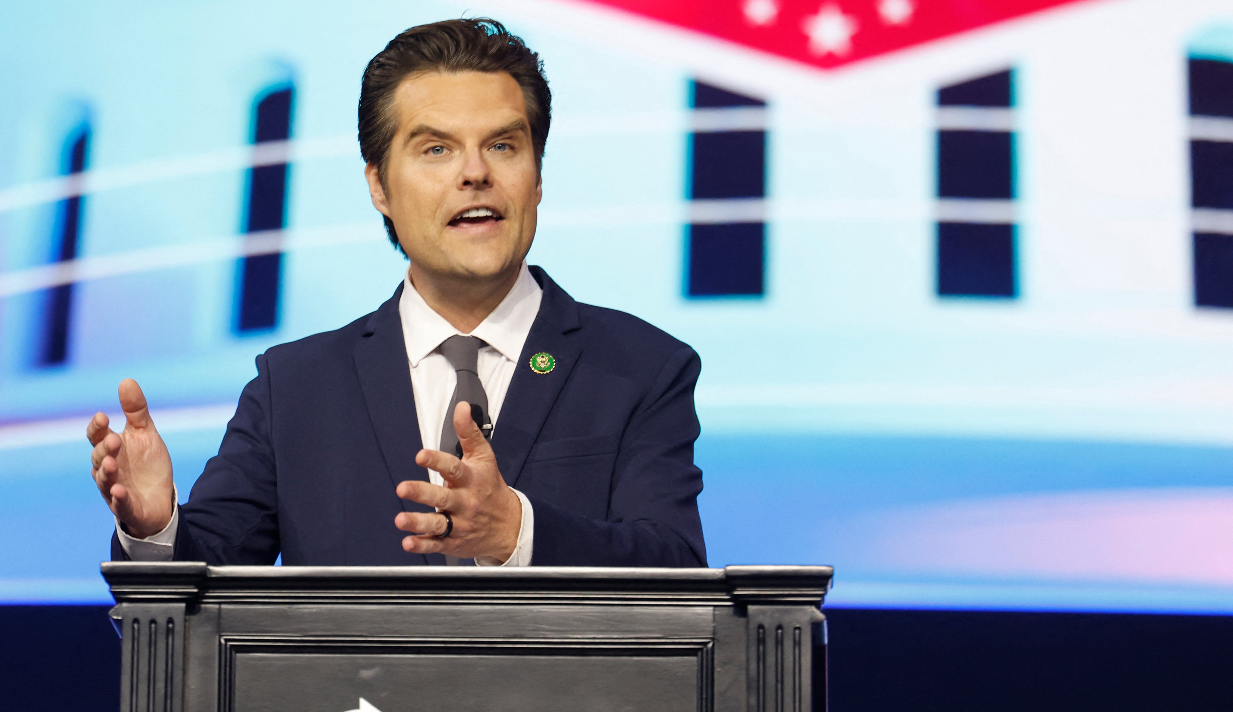 Matt Gaetz has claimed that he was briefed on a breeding program to allow humans to communicate with intergalactic species (AFP via Getty Images)