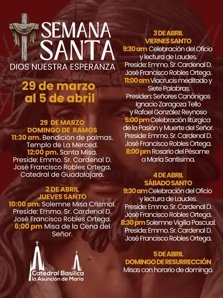 Horarios de misas en la Catedral de Guadalajara por Semana Santa 2026