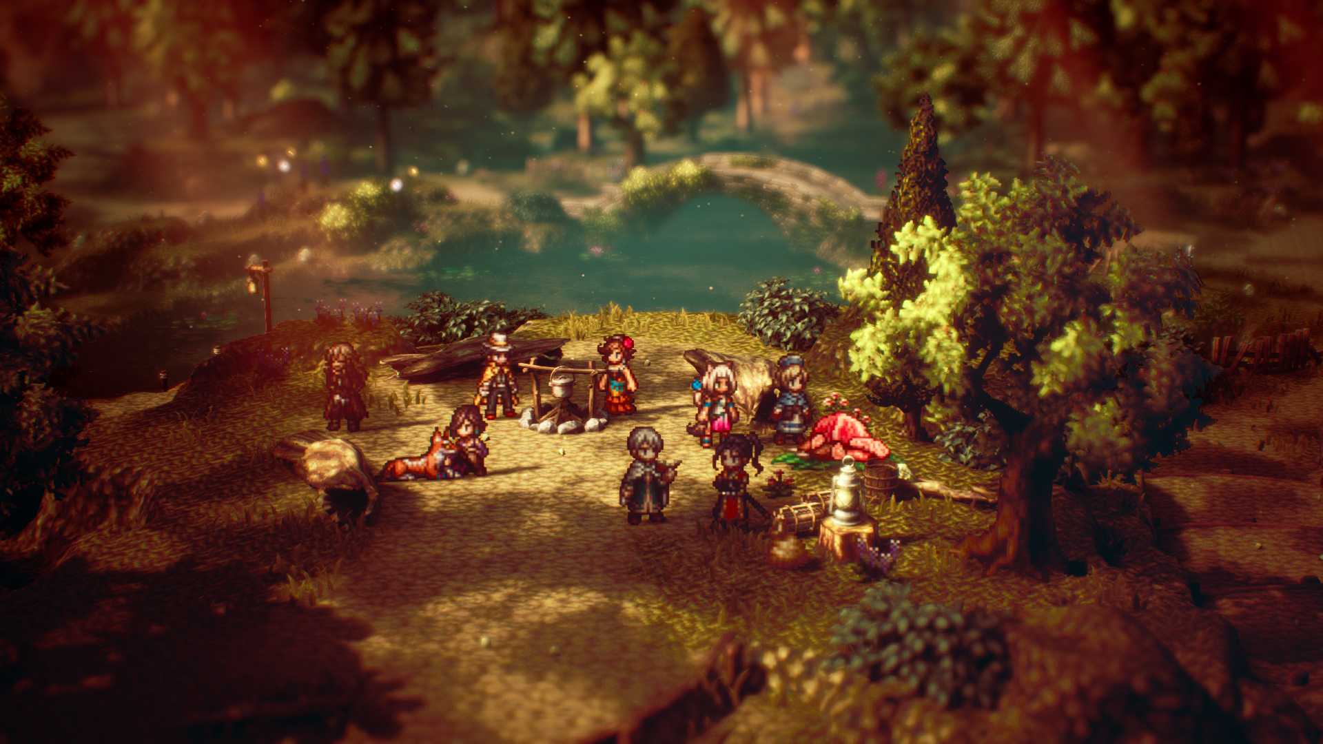 Ochette, Castti, Throne, Osvald, Partitio, Agnea, Hikari, and Temenos at a camp in a forest in Octopath Traveler II
