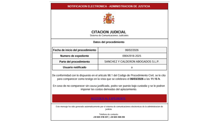 Exemplo de e-mail utilizado na campanha, enviado em espanhol com o assunto "Citación judicial pendiente", acompanhado de um anexo em PDF e uma senha fornecida no corpo da mensagem para induzir a vítima a abrir o arquivo malicioso. Imagem: BlueVoyant.