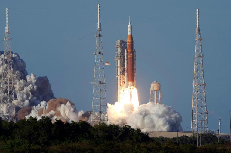 NASA’s Artemis II moon rocket lifts off from the Kennedy Space Center’s Launch Pad39-B Wednesday, April 1, 2026, in Cape Canaveral, Fla. (AP Photo/Chris O’Meara)