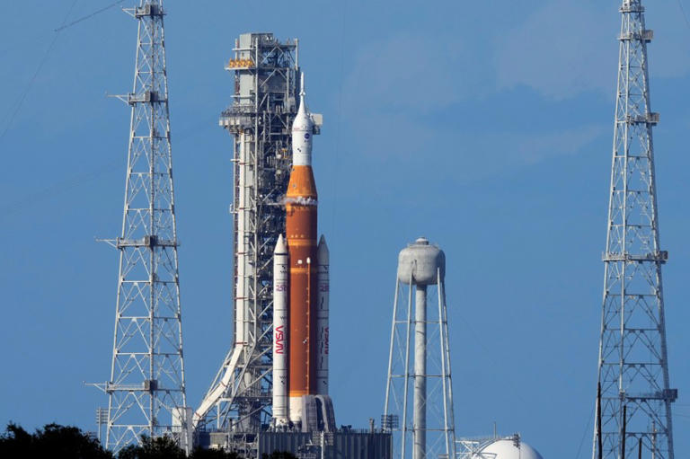 NASA’s Artemis II moon rocket sits on the launch pad at Kennedy Space Center as the countdown clock continues to run Wednesday, April 1, 2026, in Cape Canaveral, Fla. (AP Photo/Chris O’Meara)