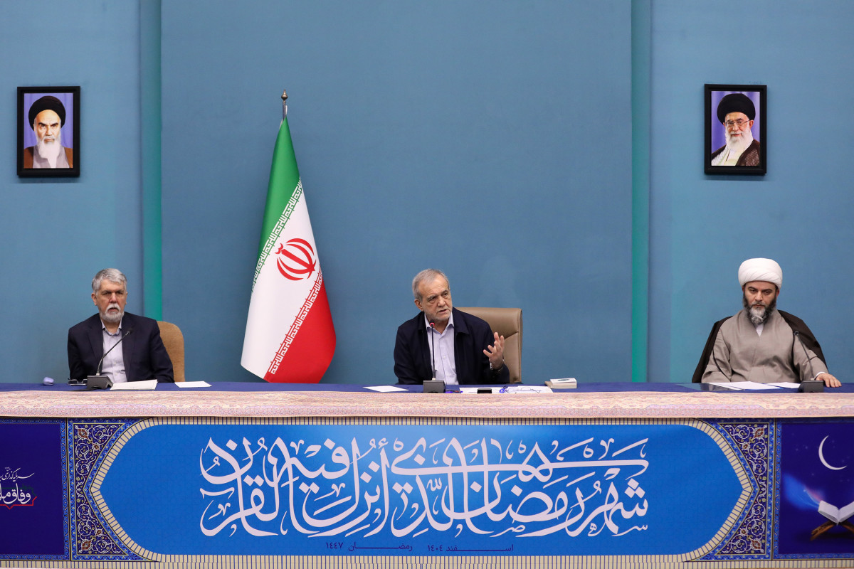 Iranian President Masoud Pezeshkian delivers remarks during the 'Council for the Development of Quranic Culture' in Tehran, Iran, on February 24, 2026. Source: Iranian Presidency/Anadolu via Getty Images