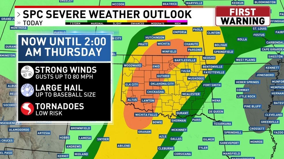 Damaging winds, large hail, and a few tornadoes are possible tonight