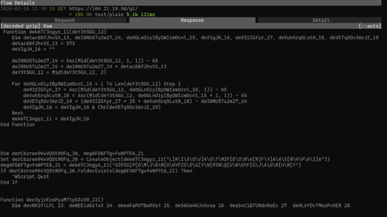 Trecho do script VBS recuperado de um servidor remoto, exibindo a função de decodificação utilizada pelo malware para ofuscar comandos e dificultar a análise por ferramentas de segurança. Imagem: BlueVoyant.