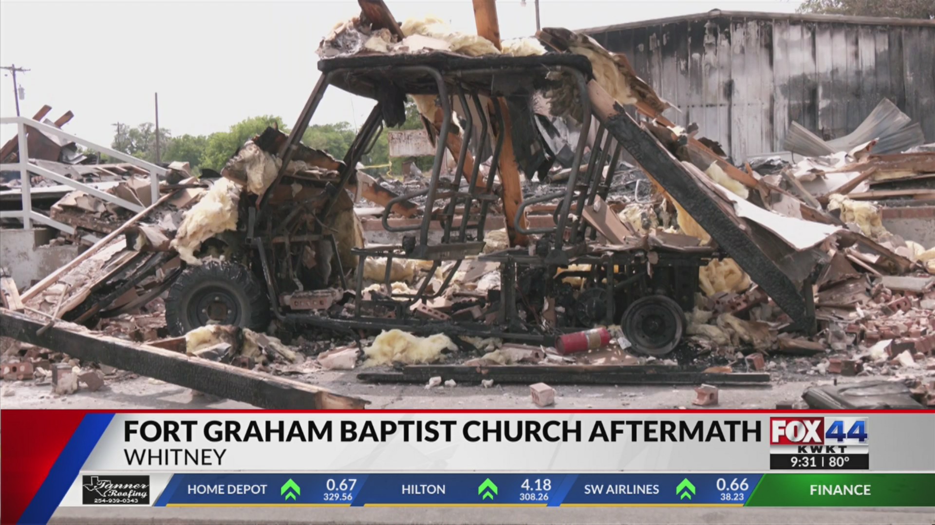 The aftermath of Fort Graham Baptist Church reduced to rubble in