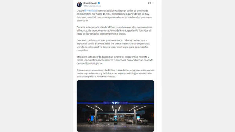 Posteo del presidente de YPF comentando los 45 días sin aumentos que aplicará a sus precios