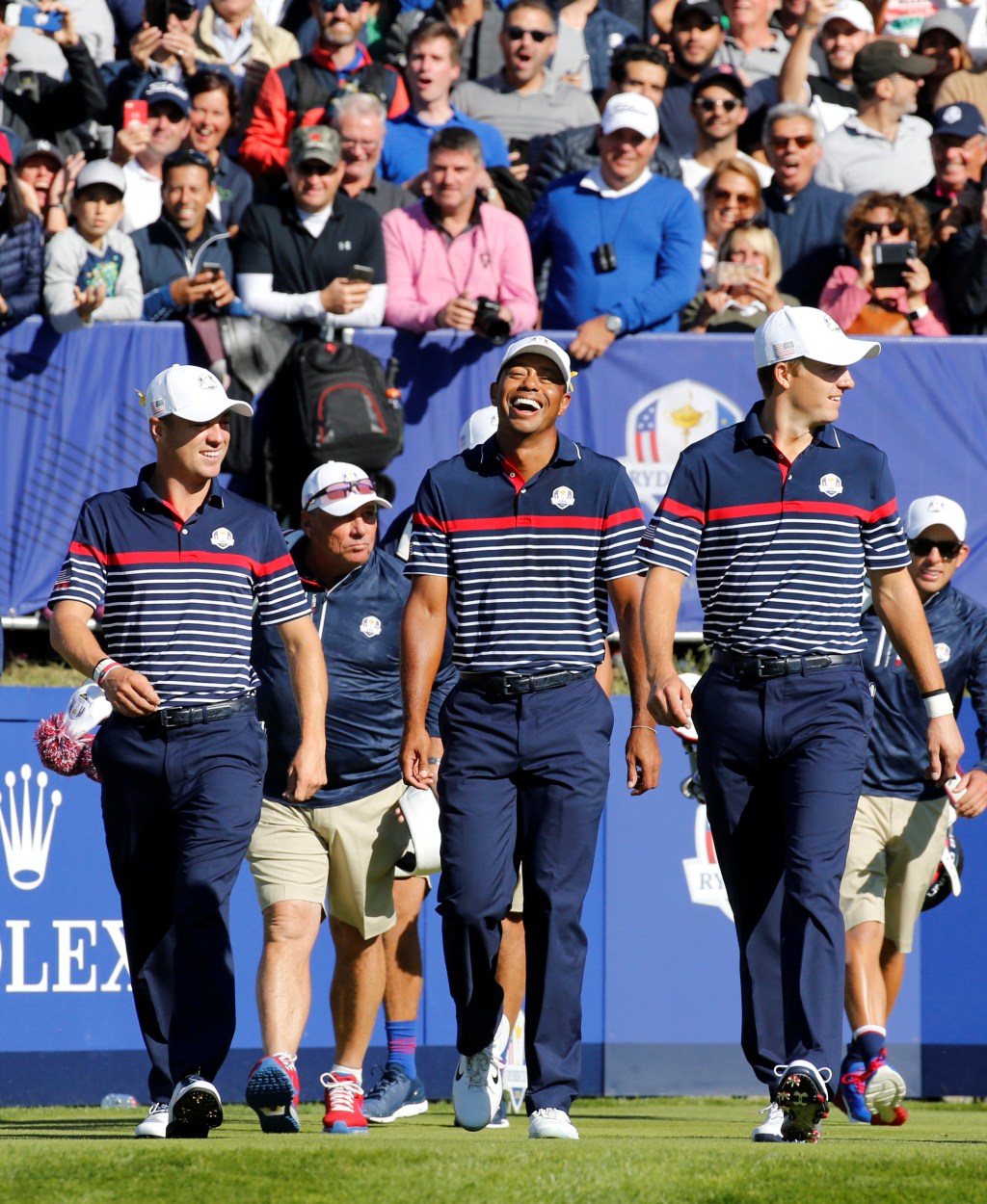 Team USA’s Tiger Woods, Jordan Spieth and Justin Thomas during practice for the 2018 Ryder Cup. REUTERS