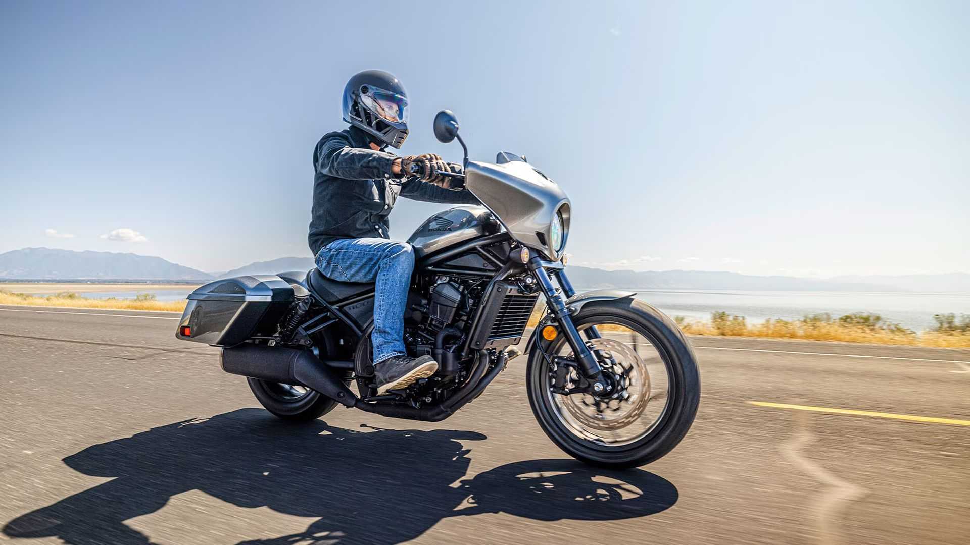 Tracking shot of a rider on a Honda Rebel 1100T