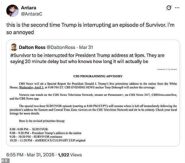 Survivor fans furious after Trump interrupts show with speech defending ...