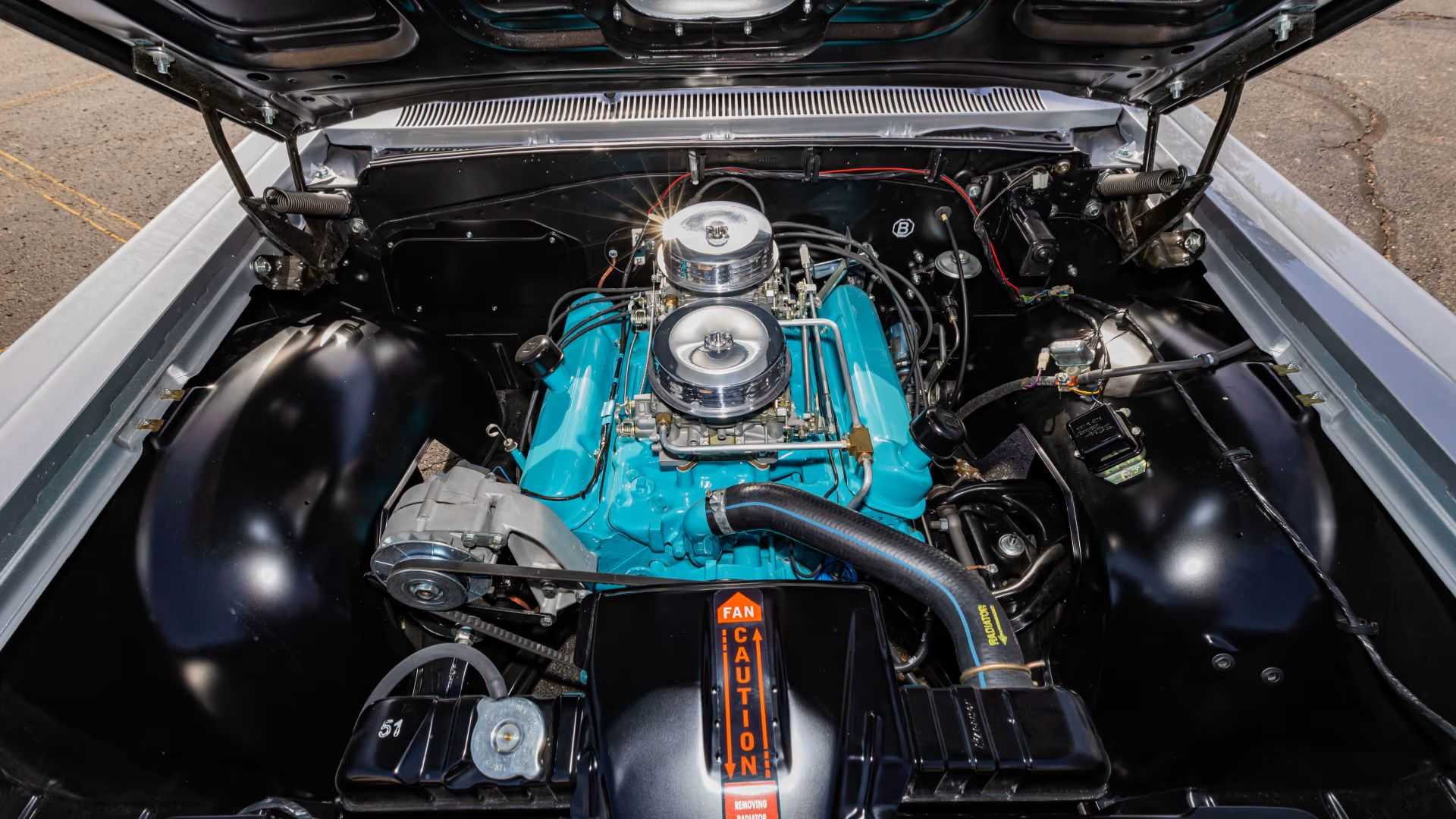 Underhood shot of a 1963 Pontiac Catalina Super Duty Swiss Cheese with 421 Super Duty engine pictured