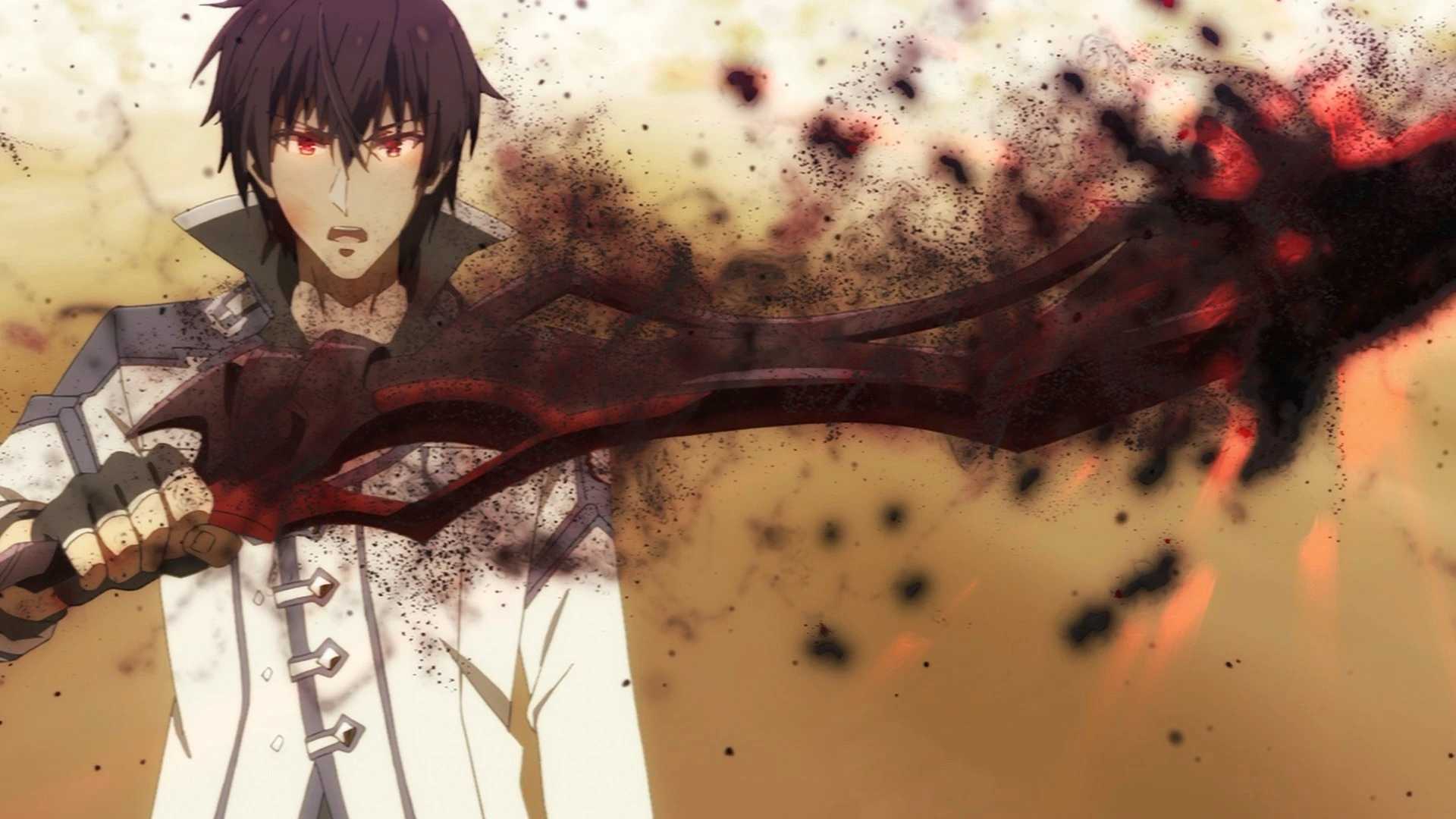 Anos Voldigoad holds a sword glowing with dark energy in The Misfit of Demon King Academy