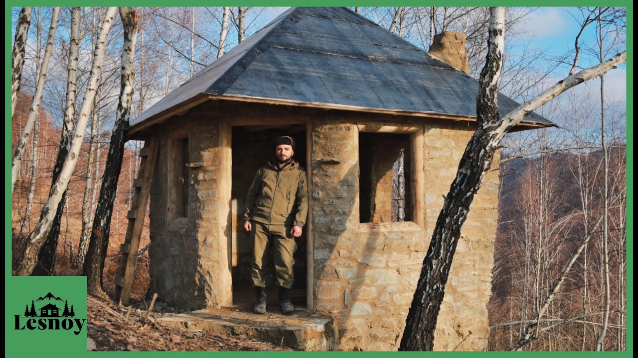 DIY stone cabin build & wood stove cooking | Off grid forest life