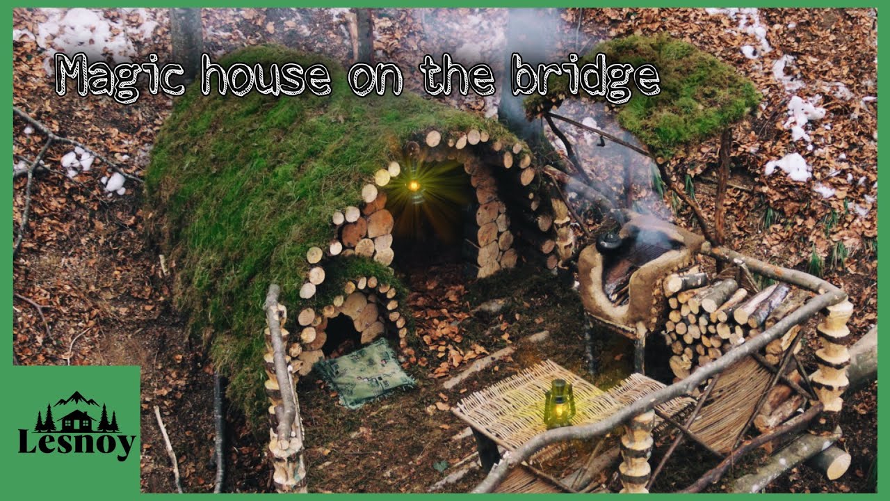 Winter camping adventure: DIY log shelter, clay hearth & cooking with ...