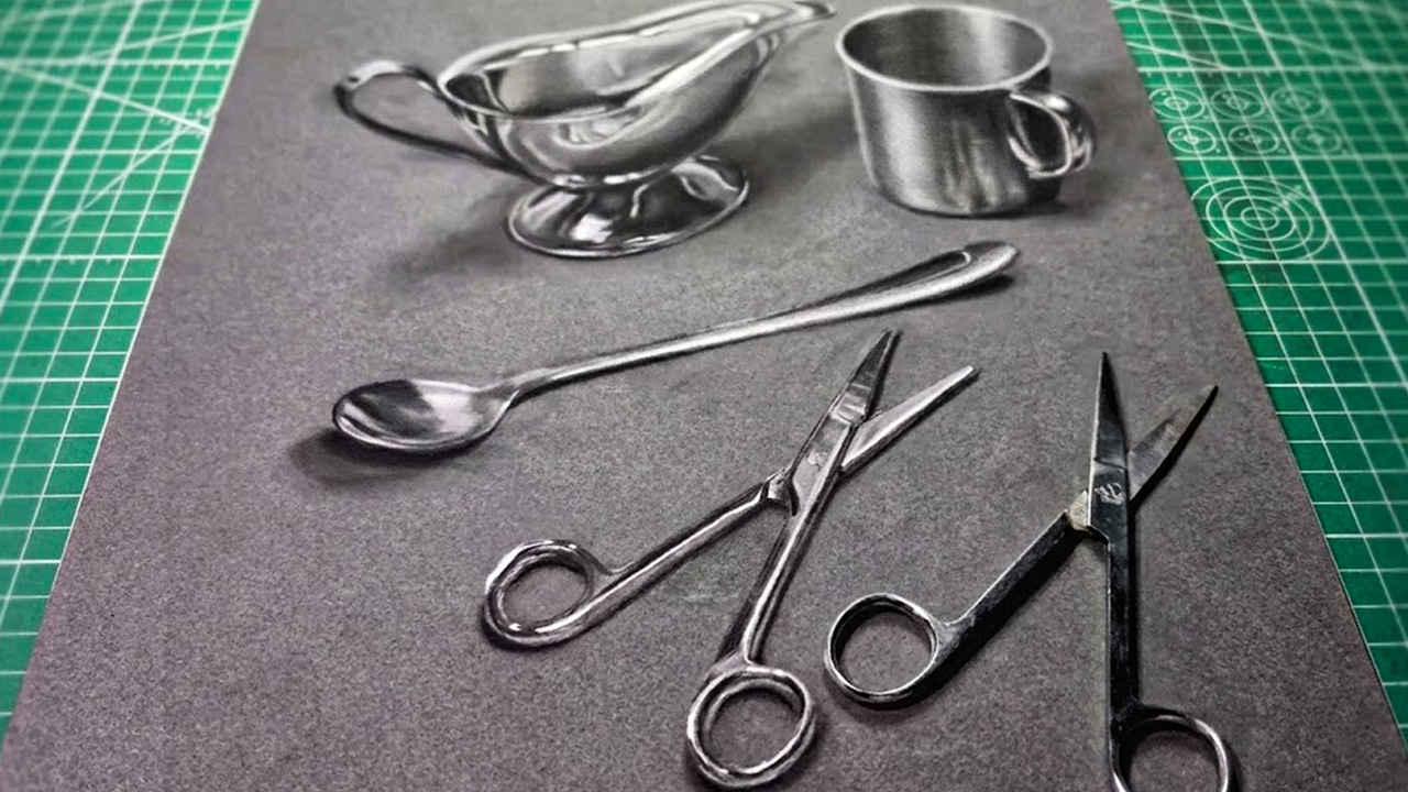 Freehand drawing tutorial: Creating realistic stainless steel kitchen tools