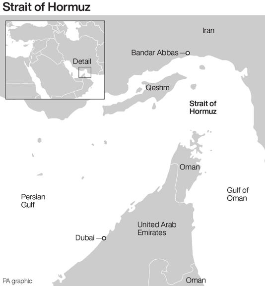 A map showing the Strait of Hormuz, a narrow waterway through which 20 per cent of the world’s oil and gas passes (PA Graphics)