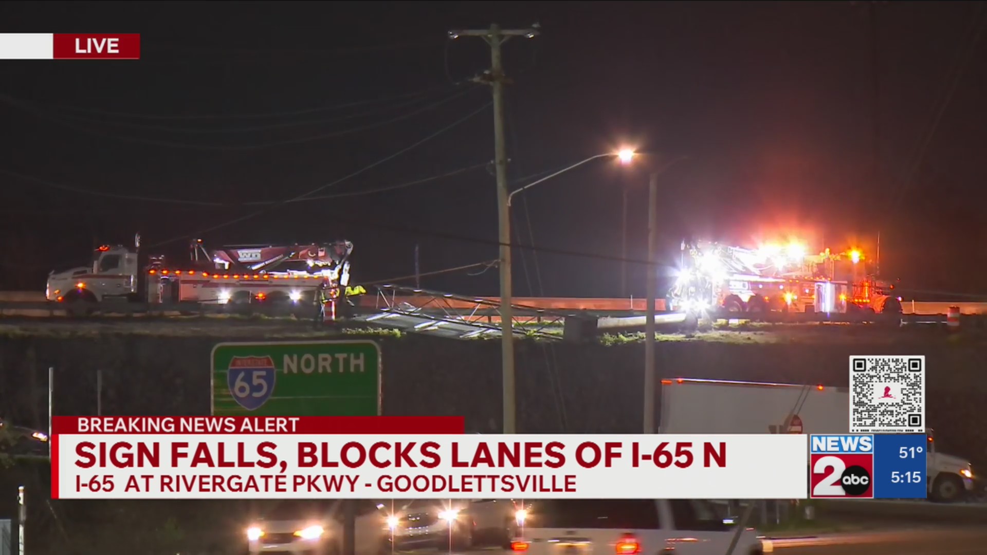 5 a.m. traffic alert: Fallen sign blocks I-65 in Goodlettsville