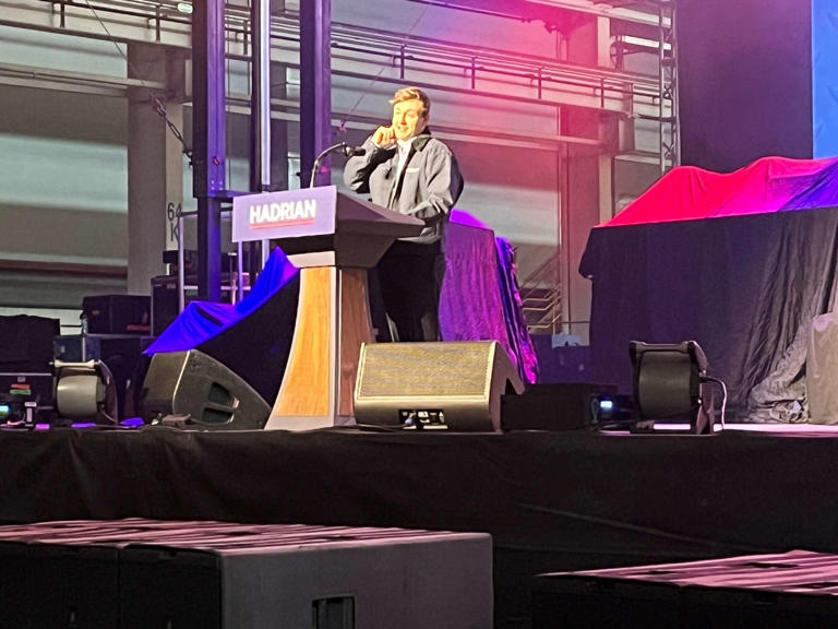Hadrian founder and CEO Chris Powers addresses the crowd at the ribbon cutting for the $2.4 billion submarine parts plant in Cherokee.