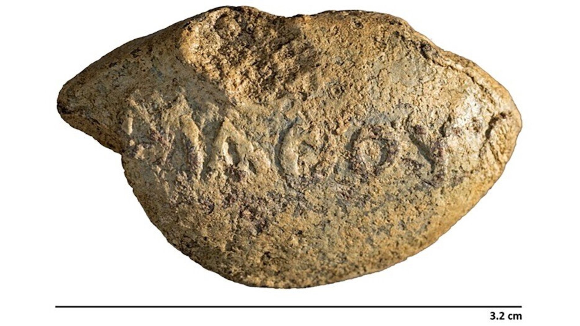 Inscribed sling bullet (B19655) found at Hippos with the inscription ΜΑΘΟΥ, meaning "Learn your lesson!"