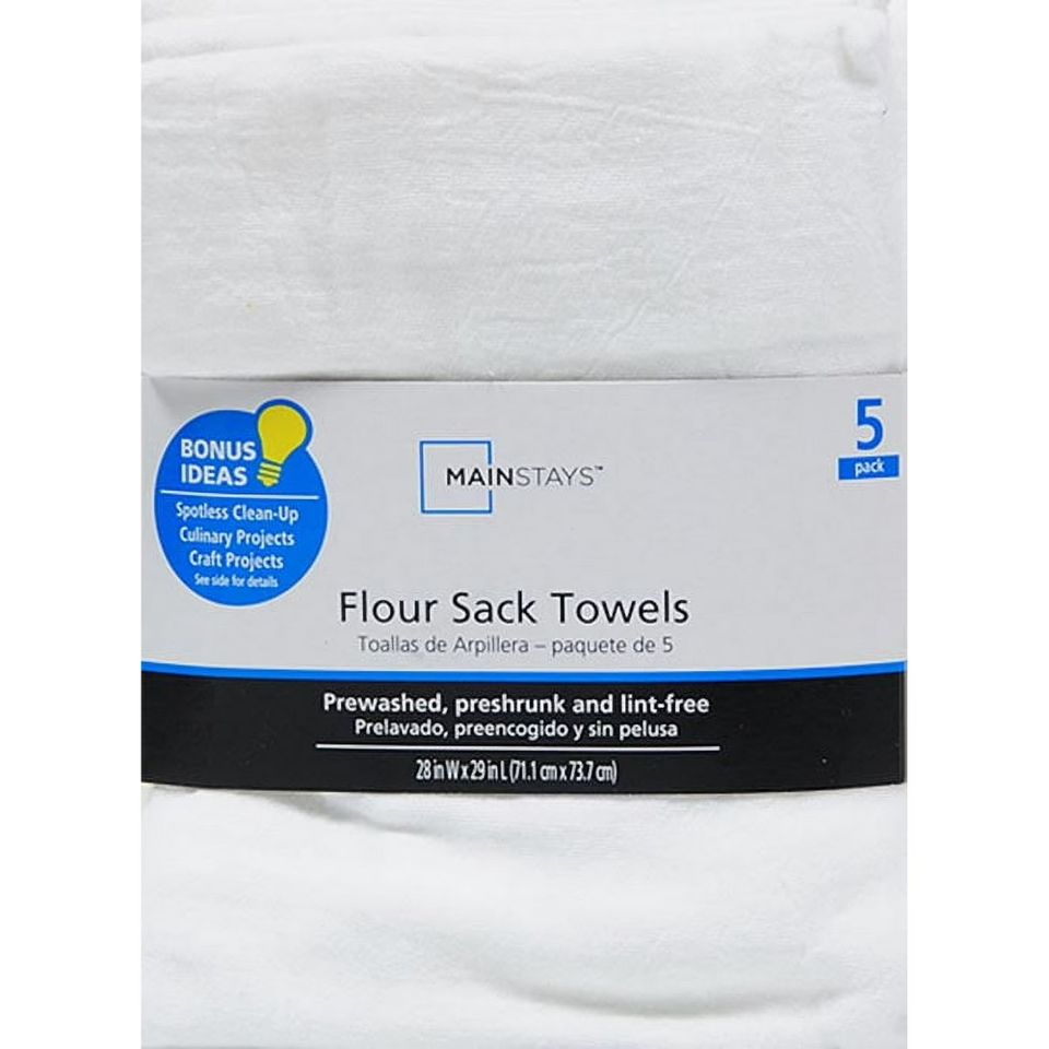 A pack of Mainstays flour sack towels labeled prewashed preshrunk and lintfree with a bonus ideas suggestion highlighted