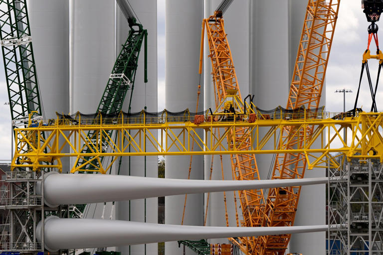 FILE - Wind turbine components sit at New London State Pier, April 16, 2025, in New London, Conn. (AP Photo/Julia Demaree Nikhinson, File)