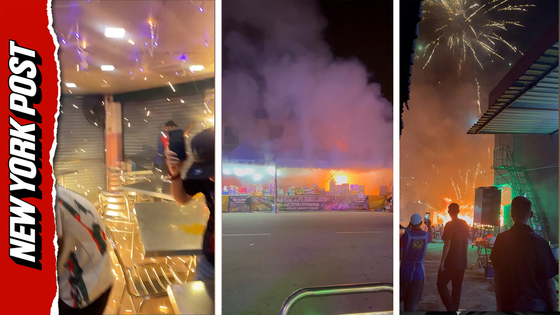 Horrifying moment explosion in fireworks stall causes chaos in nearby ...