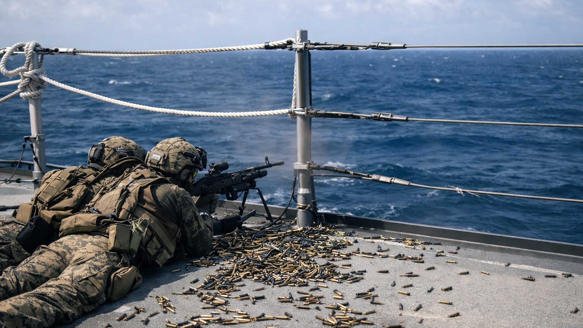 Mariniers trainen met machinegeweren op zee