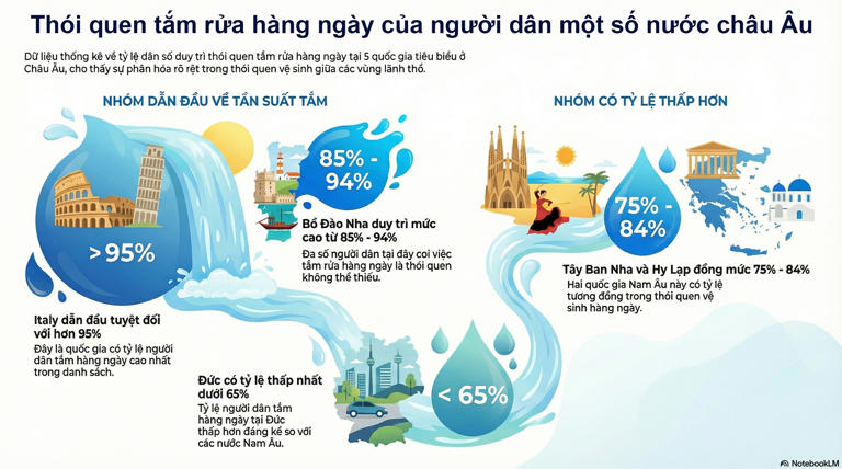 Thói quen tắm rửa hàng ngày của người dân một số nước châu Âu theo kết quả khảo sát The Global Index 2025 . Đồ họa: Ngọc Ngân/NotebookLM