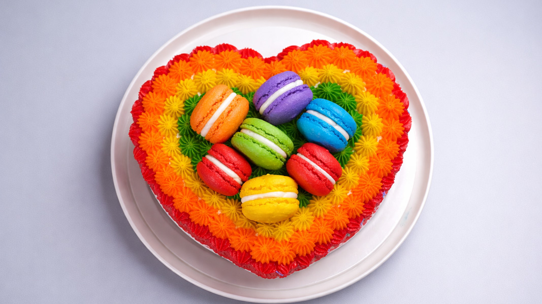 Heart shape rainbow macaron cake
